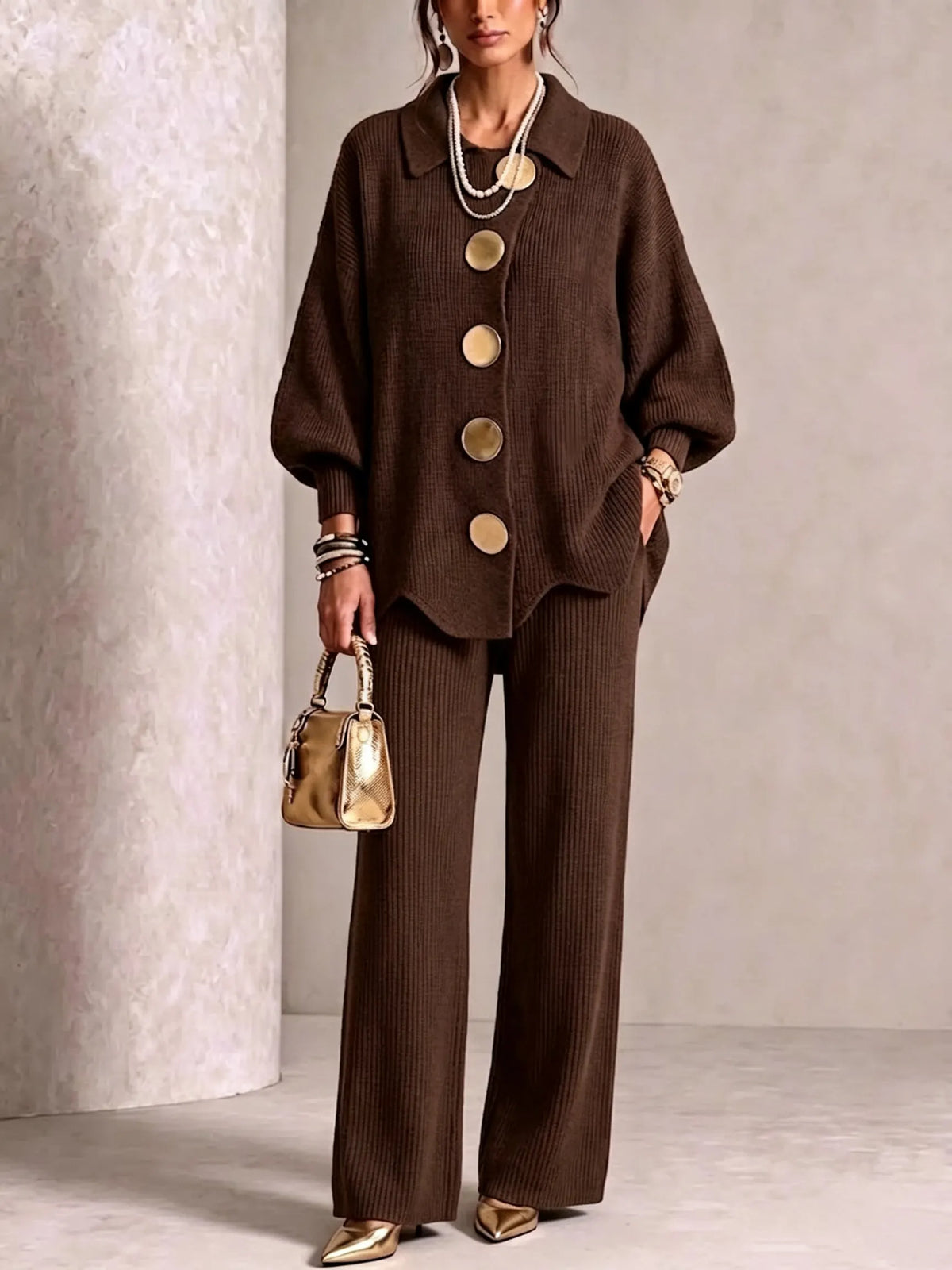 Guinevere | Collared Large Metal-Button Knit Cardigan & Wide-Leg Pants Two-Piece Set