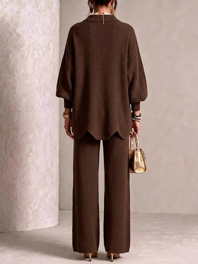 Guinevere | Collared Large Metal-Button Knit Cardigan & Wide-Leg Pants Two-Piece Set