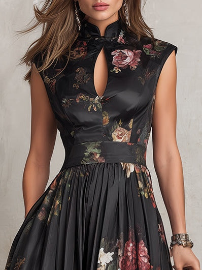 Lisa | Black Keyhole Collar Floral Pleated Satin Midi Dress