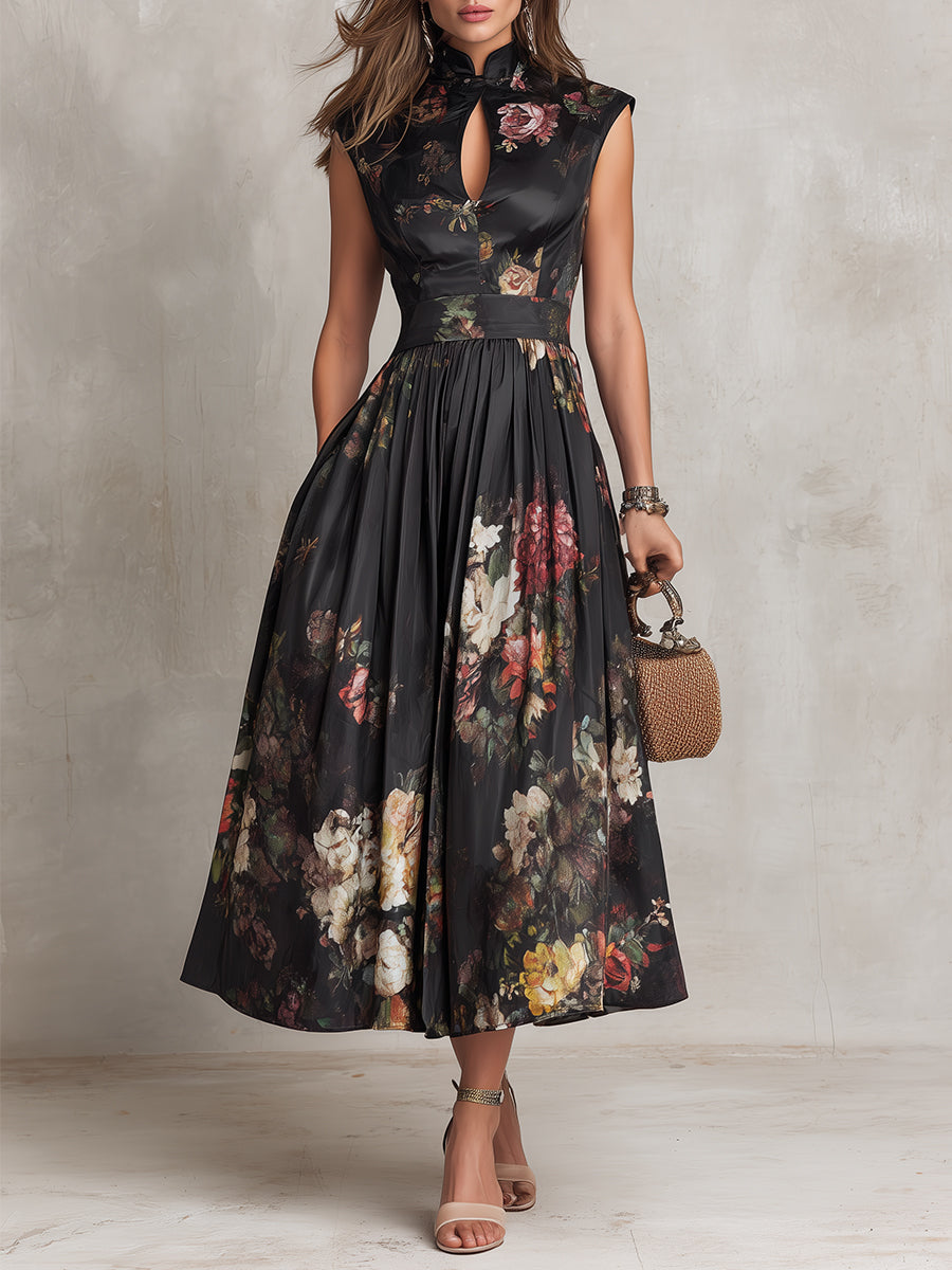 Lisa | Black Keyhole Collar Floral Pleated Satin Midi Dress