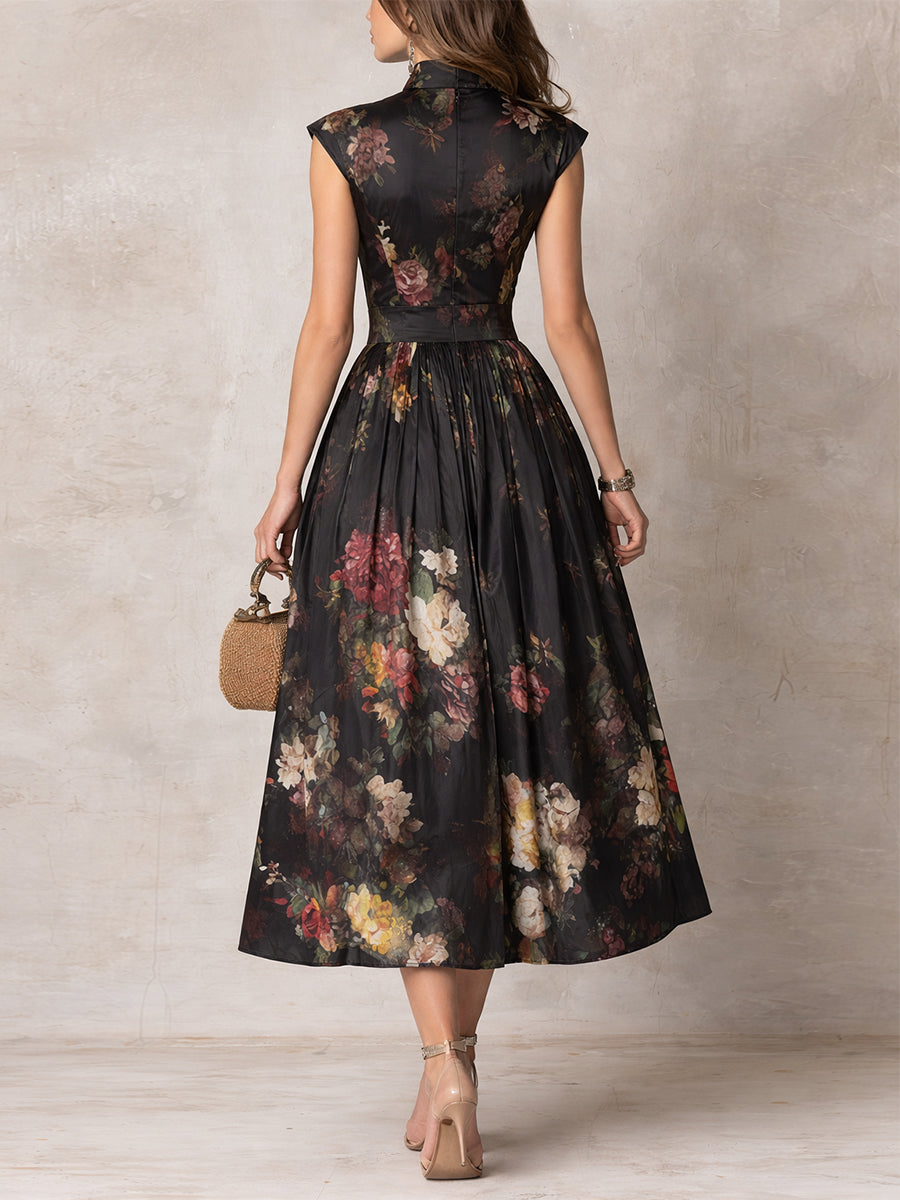 Lisa | Black Keyhole Collar Floral Pleated Satin Midi Dress