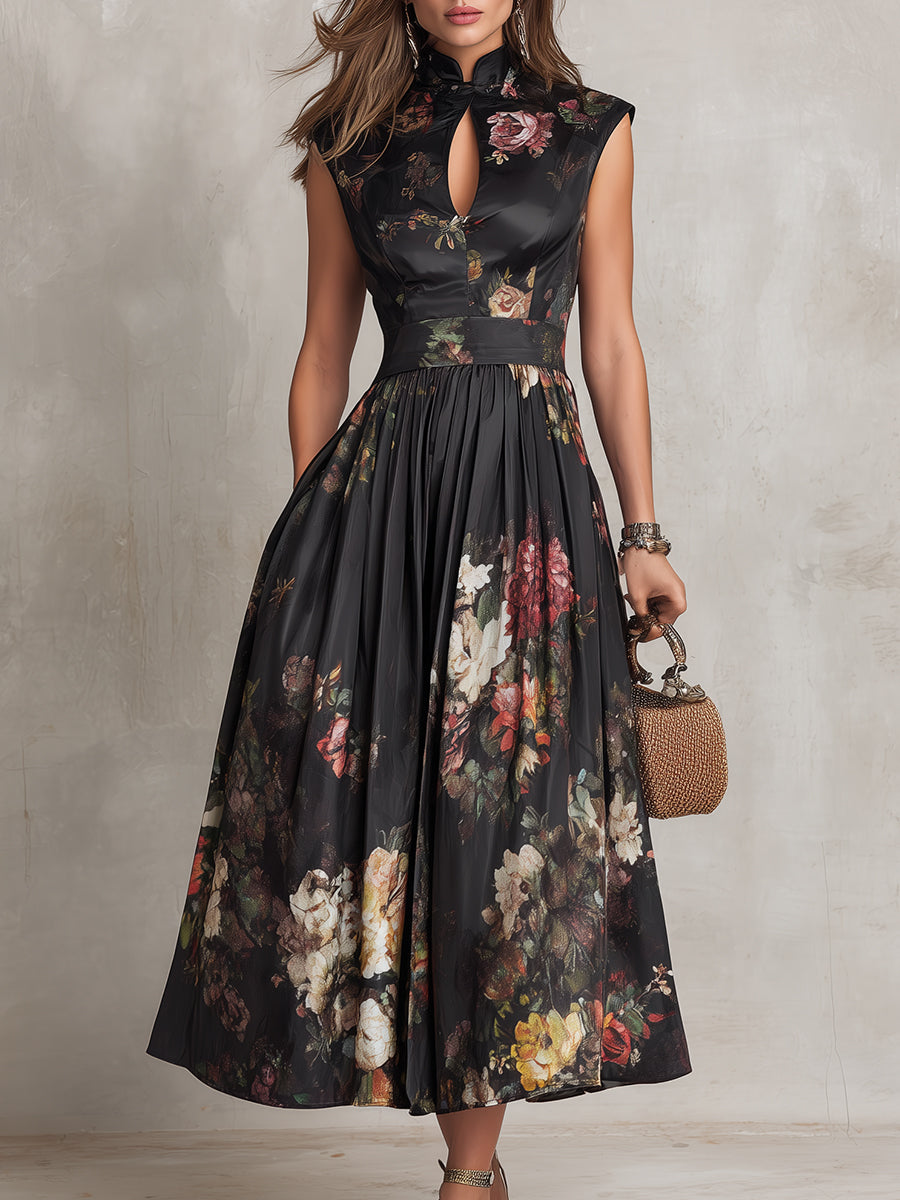 Lisa | Black Keyhole Collar Floral Pleated Satin Midi Dress